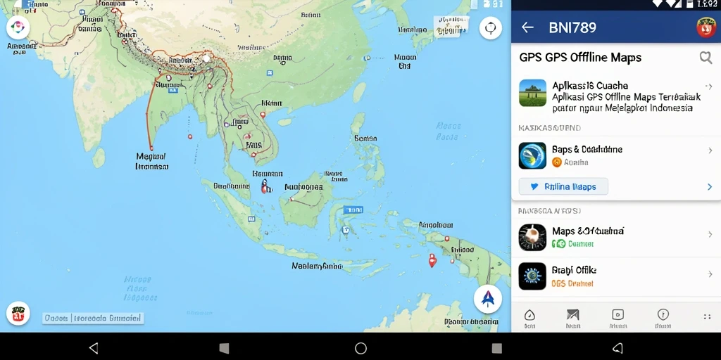 Screenshot antarmuka BNI789 menampilkan fitur navigasi peta offline yang jelas.